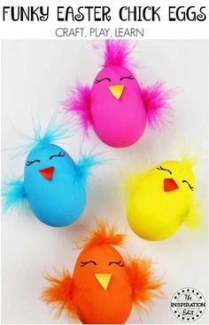 three colorful chicks with the words funky easter chick eggs