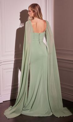 Long fitted chiffon formal dress with a corset bodice and floor-length cape-like sleeves. Floor Length Sleeves, Long Sleeve Formal Gown, After Prom Dresses, Epic Fanart, Long Elegant Dress, Pastel Prom Dress, Chiffon Formal Dress, Plus Prom Dresses, Dress With A Corset