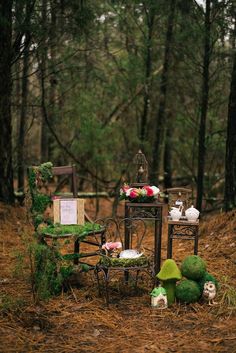 an old fashioned table and chairs in the woods with moss growing on it's sides