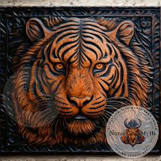 a close up of a tiger face on a wall