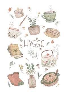 the words hygge written in watercolor and surrounded by illustrations of teapots