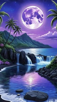 a painting of a full moon over a river with waterfall and palm trees in the foreground