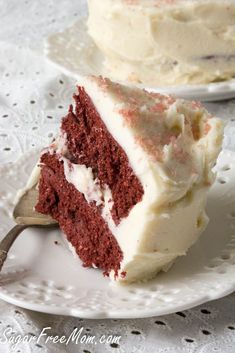 a slice of red velvet cake on a white plate