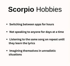 the words scorpio hobbies are written in black on a white background with an orange border