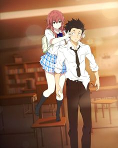 two anime characters standing next to each other in front of bookshelves and desks