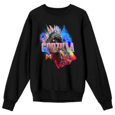 Gear up for the ultimate showdown with this adult black crew neck long sleeve sweatshirt showcasing the mighty Godzilla against an electrifying orange and red backdrop, adorned with vibrant pink lettering spelling out the monster's name. Crafted from a sturdy blend of 50% cotton and 50% polyester, this officially licensed sweatshirt guarantees both style and durability. Black Long Sleeve Fan Apparel Sweatshirt, Black Long Sleeve Sweatshirt For Fans, Black Long Sleeve Pop Culture Top, Black Crew Neck Sweatshirt For Fan Merchandise, Black Crew Neck Sweatshirt For Fans, Black Pop Culture Long Sleeve Sweatshirt, Black Long Sleeve Pop Culture Sweatshirt, Black Crew Neck Sweatshirt With Character Print, Black Pop Culture Sweatshirt For Fall