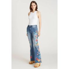 Farrah Flare Honey Suckle Jeans By Driftwood Are Absolutely Gorgeous With Bold Floral And Beaded Garden Embroidered Sides On A Light Wash Denim. 93% Cotton / 5% Polyester / 2% Spandex Regular 34" Inseam / 24" Leg Opening / 10" Rise Machine Wash Cold Model Is Wearing Size 26 Brand New Items 100% Authentic Line Through Name Tags (Inside Tag) Only Done To Prevent Store Returns Ig-7 Driftwood Jeans, Honey Suckle, Blue Denim Pants, Striped Jeans, Medium Wash Jeans, Embroidered Denim, Dark Wash Denim, Light Wash Denim, Name Tags