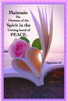 an open book with a pink rose on it and the words mountain, the oneness of the spirit in the unifying bond of peace