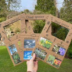 a person holding up four different pictures in front of some trees and grass with the words cloud spotter written on them