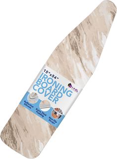 a white snowboard covered in brown and beige marbled paper with the words ironing board cover printed on it