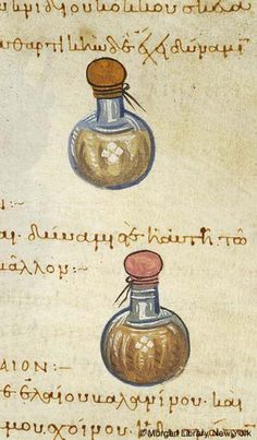 two bottles with writing on them are shown in an old book style illustration, one is empty and the other has a red cap