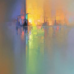 an abstract painting of city lights reflected in the water on a foggy day with blue, yellow and green colors