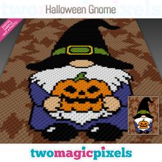 a cross stitch pattern with an image of a witch holding a pumpkin