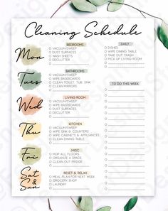 a cleaning schedule with green leaves on it