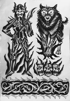 an old school tattoo design with skulls and monsters on the back of each piece of paper