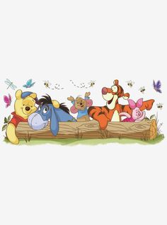 winnie the pooh and friends on a log with butterflies in the sky behind them