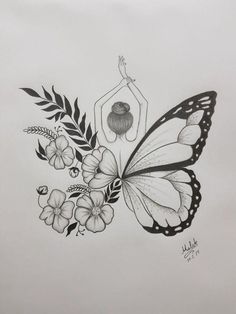 a drawing of a woman with a butterfly on her back