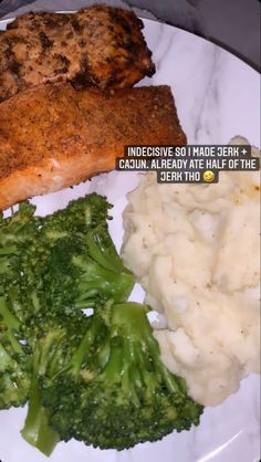 a white plate topped with meat and veggies next to mashed broccoli