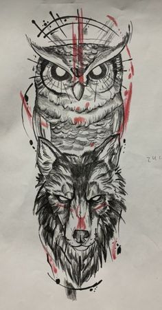 a person holding up a piece of paper with an owl and wolf drawing on it