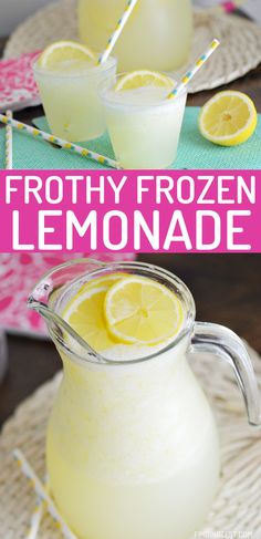 two glasses filled with lemonade sitting on top of a table