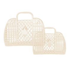 two yellow plastic baskets with handles