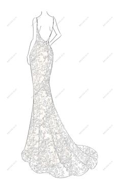 a drawing of a woman's wedding dress in white and silver, with an open back