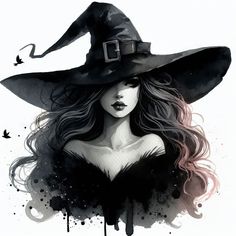 a woman wearing a witches hat with long hair and black makeup on her face, in front of a white background