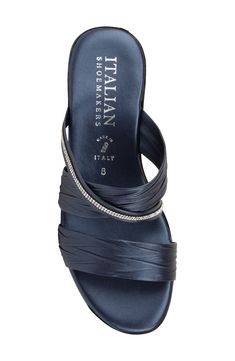 Rhinestones embellish an asymmetrical vamp strap that brings sparkling style to this open toe slide sandal. Slip-on Manmade upper and sole Made in Italy 4 Wheel Drive Cars, Sandal Women, Slide Sandals, Nordstrom Rack, Open Toe, Womens Sandals, Wedges, Wheel, Slip On