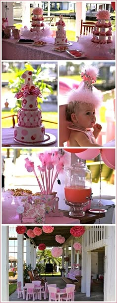 a collage of photos with pink and white decorations