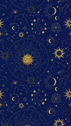 the sun, moon and stars are all drawn in gold on a dark blue background