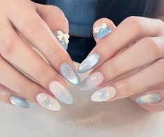 Pastel Blue Nails Aesthetic, Blue Nail Designs Korean, Blue Gel X Nails Almond, Korean Glass Nails Blue, Blue Nails Asian, Light Blue Nails Designs Ideas, Pearlescent Nail Designs, Miffy Nail Design, Chrome Baby Blue Nails