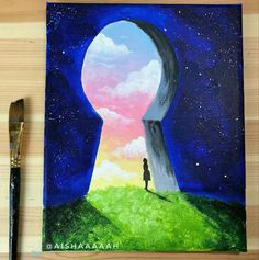 a painting of a person standing in front of a keyhole with the sky and stars above