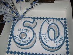 a white and blue birthday cake with the number sixty on it