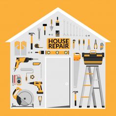 a house repair poster with tools on the wall and in the doorway royalty - art illustration