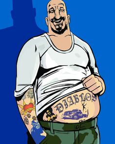 a drawing of a man with tattoos on his stomach and arms, standing in front of a blue background