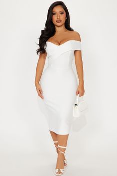 Available In Magenta And White. Bandage Midi Dress Off Shoulder Short Sleeves Hidden Back Zipper Stretch Dress Length = 44'' Self: 95% Polyester 5% Spandex Imported Graduation Dress Black Women, College Graduation Dresses, Fashion Nova White Dress, White Engagement Dresses, Midi Dress Off Shoulder, Graduation Dress College, Couples Shoot, Dress Off Shoulder, Bandage Midi Dress