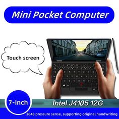 a person holding a laptop with a speech bubble above it that says, mini pocket computer