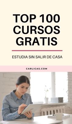 a woman sitting at a table with a tablet in front of her and the words curos online gratis