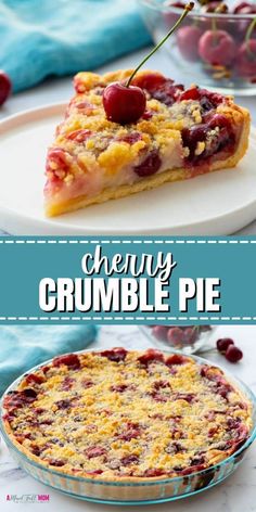 cherry crumble pie on a plate with cherries in the background and text overlay