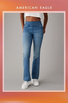 Luxe stretch/Buttery soft, smoothing waistband, and moves-with-you comfort/Soft, smoothing pocket design/Fading details for that authentic denim look/Medium wash/These pants are Real Good: Made with the planet in mind & a promise to continue to do be Bootcut Jean, Pocket Design, Bootcut Jeans, Women's Jeans, American Eagle Outfitters, American Eagle, Women Jeans, High Waisted, Pants