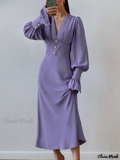 Olivia Mark - Elegant Lantern Sleeve Chiffon Dress with Cinched Waist in Purple - Formal Cocktail Dress Elegant Long Sleeve Purple Chiffon Dress, Purple Fitted Chiffon Formal Dress, Spring Formal Midi Dress With Lantern Sleeves, Formal Fitted Purple Chiffon Dress, Purple Fitted Chiffon Dress For Formal Occasions, Fitted Chiffon Dress For Spring Formal, Fitted Chiffon Dress For Formal Spring Events, Elegant Long Sleeve Chiffon Dress, Feminine Fitted Midi Chiffon Dress