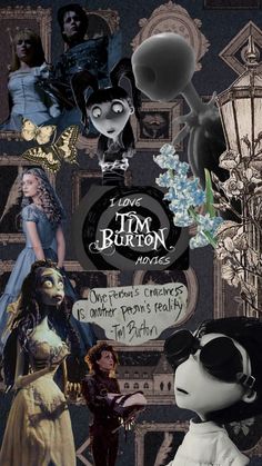 the poster for tim burton's animated movie is shown in black and white, with many