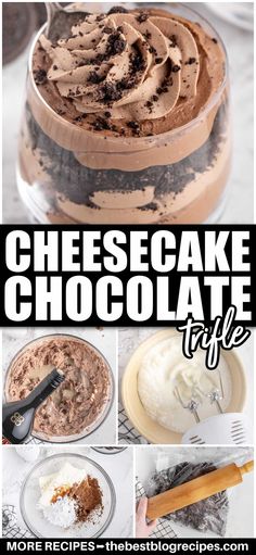 chocolate cheesecake in a jar with text overlay