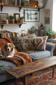 a dog sitting on top of a couch next to a wooden table and bookshelf