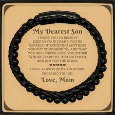 Surprise your special Son with our Beads Stone Leather Wrap Bracelet comes with a meaningful message card. -- Looking for the perfect gift for a special occasion such as Birthday, Graduation, Valentine's Day, Father's Day, Wedding, or Christmas? Look no further than Son Stone Bracelet with Genuine Leather Braided Bracelets. Packaged with a message card in a luxurious gift box, this bracelet will impress and delight the recipient. This bracelet is a stylish and high-quality accessory made of 6mm natural stone beads and genuine leather with a stainless steel magnetic clasp.  | The leather bracelets are crafted with durable and long-lasting high-quality stainless steel. The stainless steel magnetic clasp is easy to put on and take off without falling and is secure to wear, making it convenien Men Christmas Gift, Beaded Leather Bracelet, My Dearest, Stone Bracelets, Meaningful Messages, Braided Leather Bracelet, Son Gift, Bracelet For Men, By Your Side