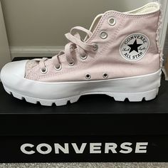 Size 8 Color Barely Rose Hi Platform Converse Never Worn Pink Platform Sneakers With Flat Heel, Pink High-top Sneakers With Lug Sole, Pink Lace-up Sneakers With Lug Sole, Pink Casual Sneakers With Lug Sole, Pink Ankle-high Sneakers With Rubber Sole, Pink Converse Platform Sneakers, Pink Platform Converse Sneakers, Converse Pink, Platform Converse