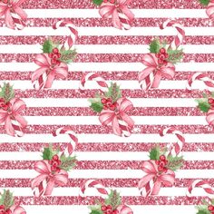 a christmas themed wallpaper with candy canes and holly on pink glittered background