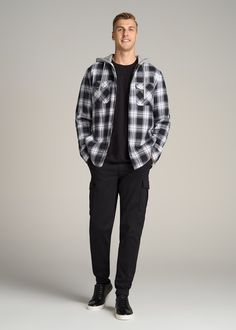 About Our Hooded Flannel Shirt Jacket for Tall Men Our Hooded Flannel Shirt Jacket for tall men is an easy-to-wear layer that you’ll reach for, day after day. Casual and comfortable, it’s made with a cozy flannel fabric, with a quilted lining perfect for staying warm on cooler days. Lining along the torso and sleeves offers on-the-skin comfort, and the three piece hood adds extra coziness. This tall men’s jacket is specifically designed for guys from 6’ to 7’1, so it has extra-long sleeves and a Flannel Men, Shirt Jacket Men, Flannel Fashion, Black And White Flannel, Hooded Flannel, Tall Men, Men In Black, Extra Long Sleeves