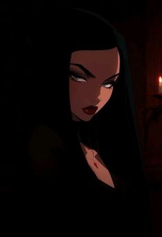 a woman with long black hair standing in the dark