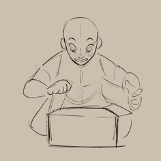 a drawing of a man opening a box with one hand and the other thumb up